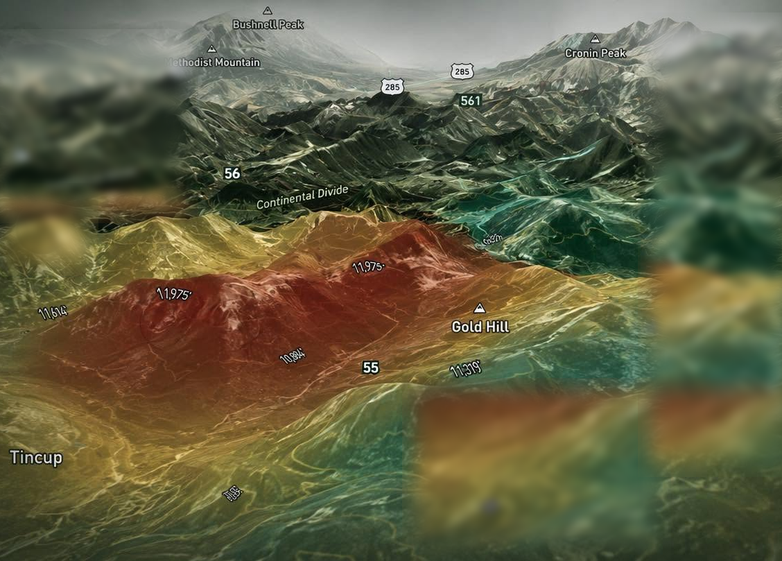 ScoutIQ 3D terrain map with an elk-movement heatmap across a Colorado elk unit